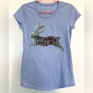 Justice Girls Size 8 Reversible Sequin Bunny Tee Blue Cap Sleeve Shirt Easter